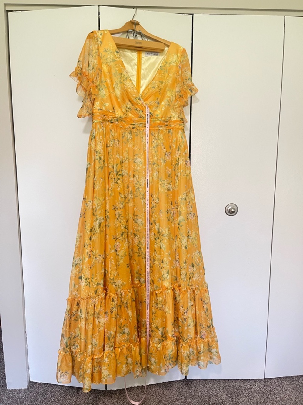 Mac Duggal Yellow Mulicolor Flounce Sleeve Floral Maxi Dress